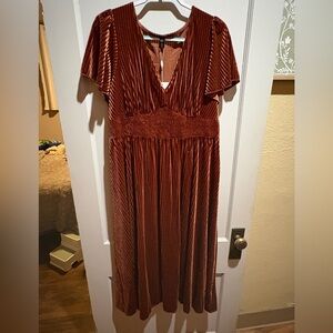 Elegant Rust Pleated Velvet Dress
